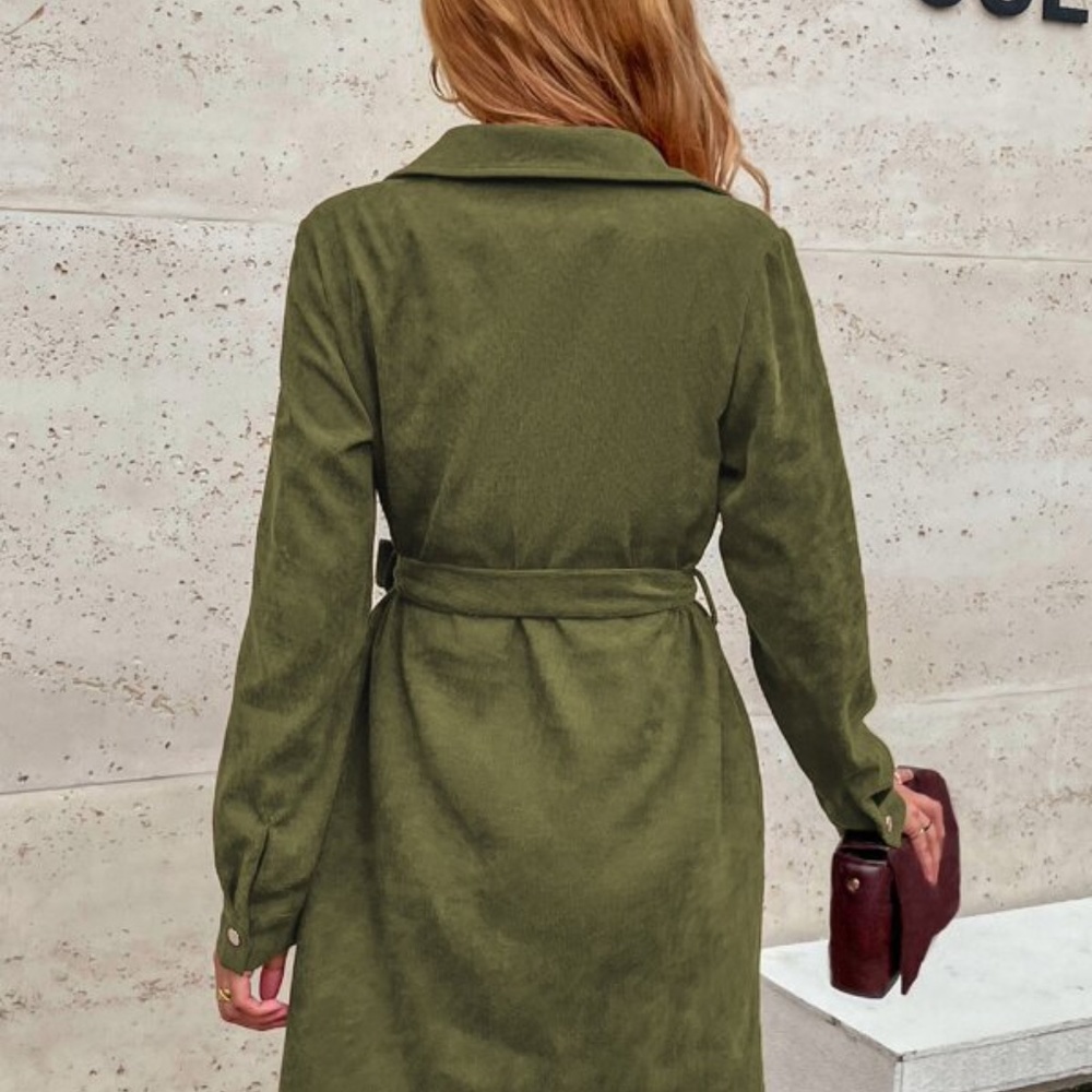 Corduroy Button Down Belted Long Sleeve Shirt Dress - Picture 7 of 11